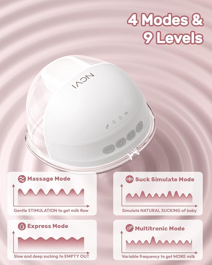 NCVI Wearable Hands Free Breast Pump, 4 Modes & 9 Levels with Multitronic Suction, Ultra-Quiet <42dB, Long Battery Life (150min), 21/24mm Flange Insert, Portable Electric Breastfeeding Pump for Moms