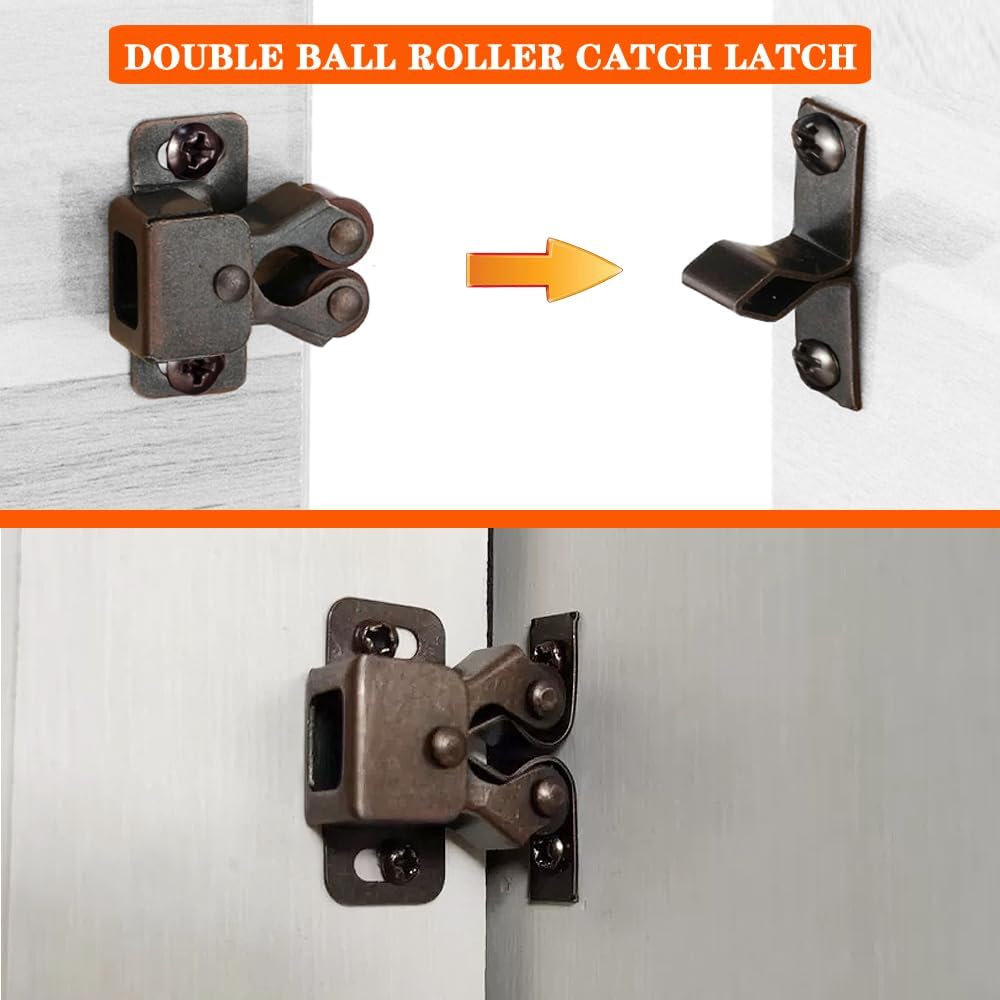 2 Pack Cabinet Latch Double Roller Catch for Cupboard Closet Cabinet Door Latches and Catches, Bronze