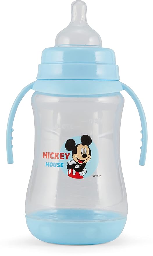 Disney 2 Pack 10 Ounce Baby Bottles with Character Prints and Colored Covers with Double Handle - BPA Free and Easy to Clean
