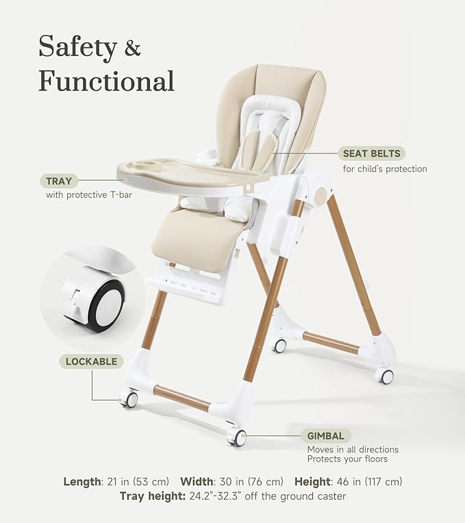 Mallify Foldable High Chairs for Babies and Toddlers, 3-in-1 Convertible Baby High Chair with Removable Soft Cushion and Tray, Adjustable Height & Recline, Lockable Wheels, Cream