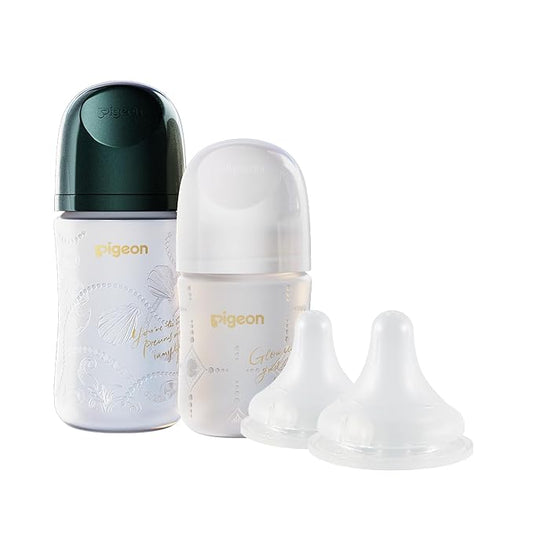 Pigeon Glass Baby Bottle Feeding Gift Set with Silicone Coating, Nurture & Nest, Anti-Colic Wide Neck & Latch-On Nipple, 2 Bottles (5.4/8.1 Oz) and 2 Extra Stage 2/4 Nipples