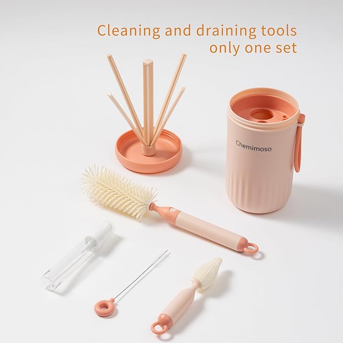 Chemimoso Travel Silicone Baby Bottle Cleaner Brush Set, Foldable Baby Bottle Drying Rack, Essential Cleaning Set for Outdoor Travel, Pink