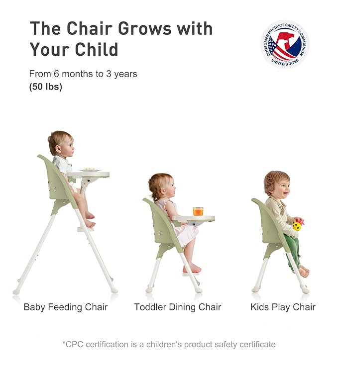 Funny Supply 3-in-1 Cute Folding High Chair, High Chairs for Babies and Toddlers, Modern Space Saving Highchair with Removable Double Tray, Easy to Clean, Light Weight Baby Feeding Chair, Green