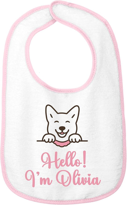 Personalized Baby Bib – Soft Cotton Terry, Cute Jindo Dog Design with Custom Text (1-2 Lines) – Newborns & Toddlers