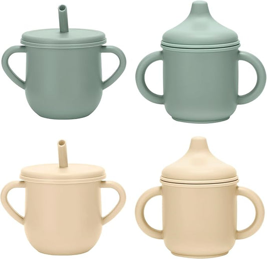 Silicone Toddler Cups Set, 2 Straw Cups and 2 Sippy Cups for 6+ Months Baby, Leakproof Spillproof Training Cups with Handles, Easy Clean (Green+Beige)
