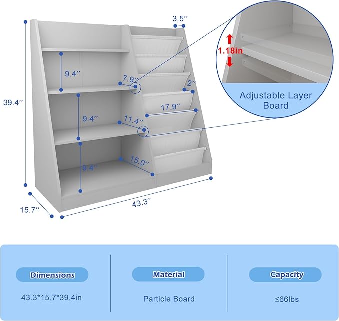 Gray Kids Bookshelf for Nursery Toddler Baby Sling Book Rack Adjustable Shelf Children Bookcase for Classroom Playroom Bedroom Décor Toy Magazine Book Storage Organizer 4 Tier Boy Girl’s Gift