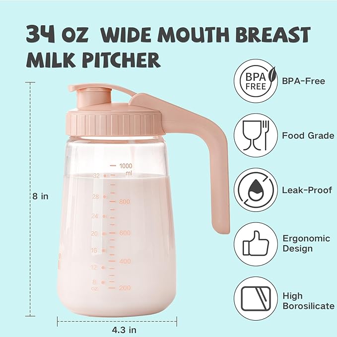 COMI 34oz Breast Milk Pitcher,No Leak Breast Milk Storage Containers for Fridge,Resistant to Heat and Cold,Wide Mouth Breastfeeding Essentials with Sealing Ring,Baby Formula Maker,Pink