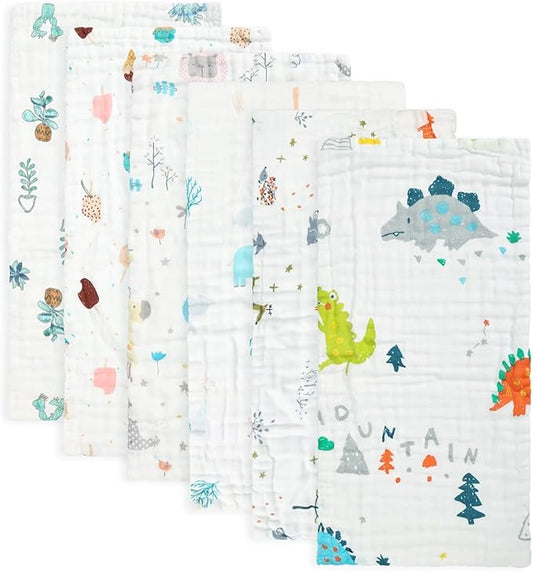 FOOK FISH Muslin Burp Cloths Cotton Burping Cloth 20'' X 10'' Pack of 6 for Baby Spit Up Cloths for Newborn,Absorbent,Soft,Large,6 Layers,Baby Burp Rags,Unisex,for Boys and Girls