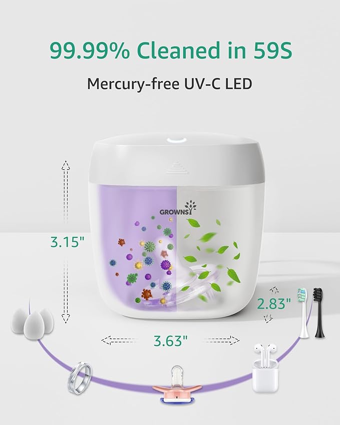 GROWNSY Pacifier Sanitizer Portable, UV Light Sanitizer on The Go, USB Charging Sanitizer Case, Mini Pacifier Sanitizer 99.99% Cleaned in 59 Seconds (White)