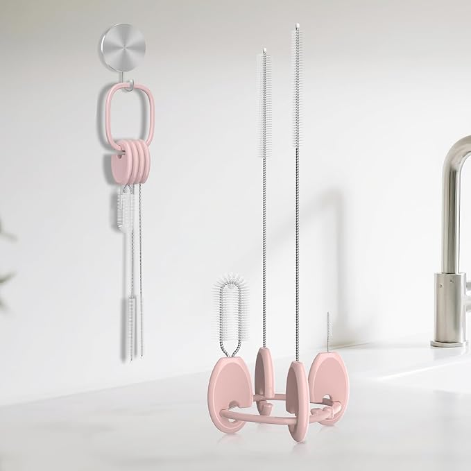 YOTIME Standing Straw Cleaner Brush Set, 4in1 Reusable Straw Brushes with Holder Ring, for Wide and Narrow Straws, Tumblers, Water Bottles and Cups, Pink