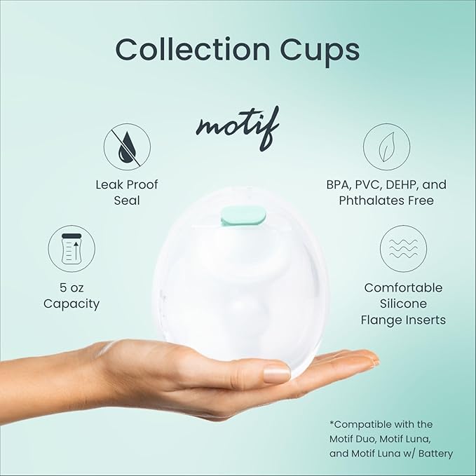 Motif Medical Breast Milk Collector Cups for Luna & Duo Breast Pump - Hands-Free & Portable Collection Cups for Breast Milk - Wearable Milk Collection Cups w/Storage Bag, 5 Flanges & More (5 oz)