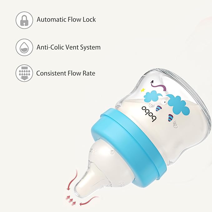 YOHKOH Glass Baby Bottles with Slow Flow Nipple, Newborn Anti-Colic Baby Bottles for 0+ Months, Wide Neck Feeding Bottle, Clear (Blue, 2.7oz (Pack of 4))