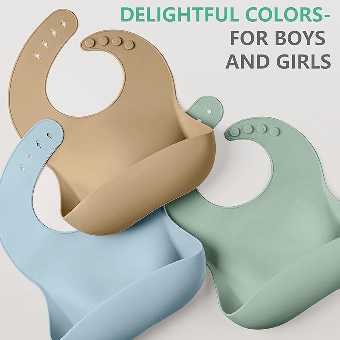 Cuddle Campus Set of 3 Silicone Bibs for Babies & Toddlers,Soft Adjustable Bibs with Pocket Food Catcher for Baby Girl,Boy