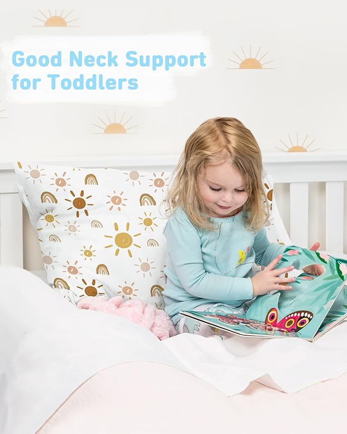 2-Pack Toddler Pillow,13X18 Cotton Toddler Pillows for Sleeping, Machine Washable Kids Pillows with Pillowcase, Perfect for Travel, Toddlers Cot (Sunny Rainbow)