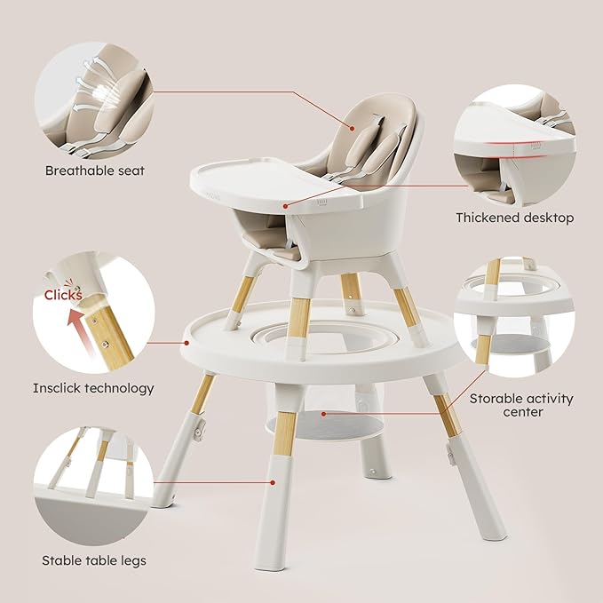 MAMAZING 8-in-1 High Chair,Infant and Toddler High Chair with Removable Tray, Seating for 8 Stages of Development from Infant to Toddler, Convertible Baby high Chair with Activity Center,Khaki