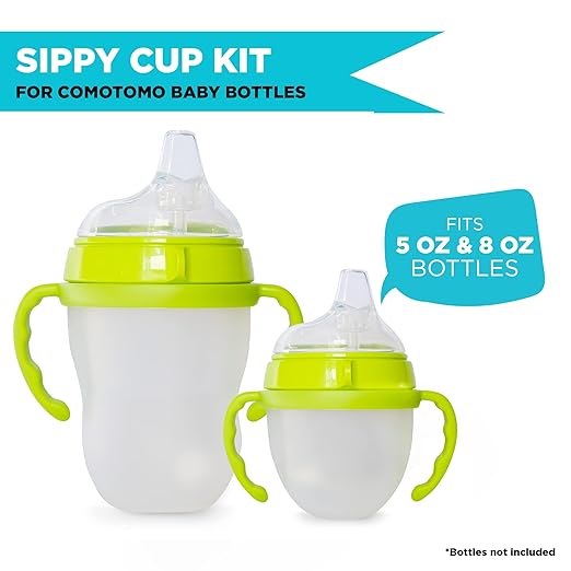 Soft Spout Transition Sippy Cup Kit for Comotomo Baby Bottles - Botabee Conversion Kit Fits 5 and 8 Ounce Bottle - Sippy Cup Baby Bottle Nipple with Weighted Straw & Bottle Handles (Pack of 2, Green)