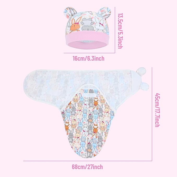 Cinaci 2 Pieces Adjustable Soft Cotton Baby Swaddle Sleep Sacks Hats Newborn Nursery Caps Beanies Bonnets Swaddle Blanket Wraps for Baby Girls Boys Infants Newborns (2PCS S5)