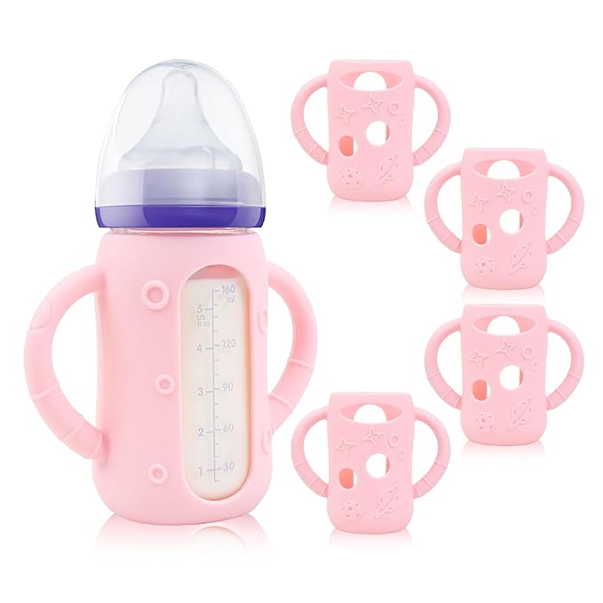 ZCH 4-Pack Silicone Sleeves with Handles for Lansinoh Glass Bottles, BPA-Free Drop-Resistant Baby Bottle Sleeves with Handles, Compatible with Lansinoh Anti-Colic Glass Baby Bottles (5 oz)