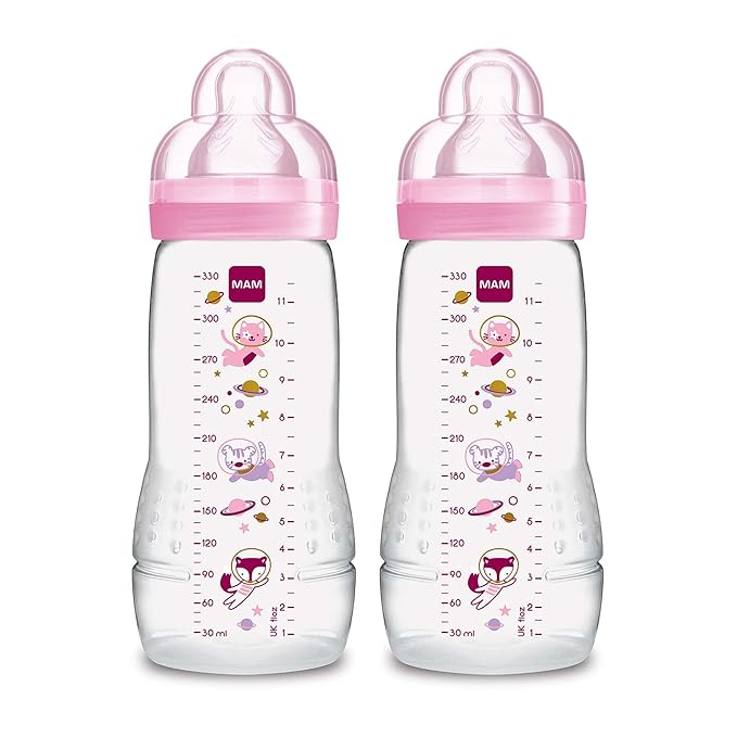 MAM Easy Active Baby Bottles 11oz, Fast Flow Skinsoft Silicone Nipple with Wide Neck Ergonomic Design, Easy to Hold, BPA-Free, Bottles with Leak-Proof Caps for 4+ Months Baby