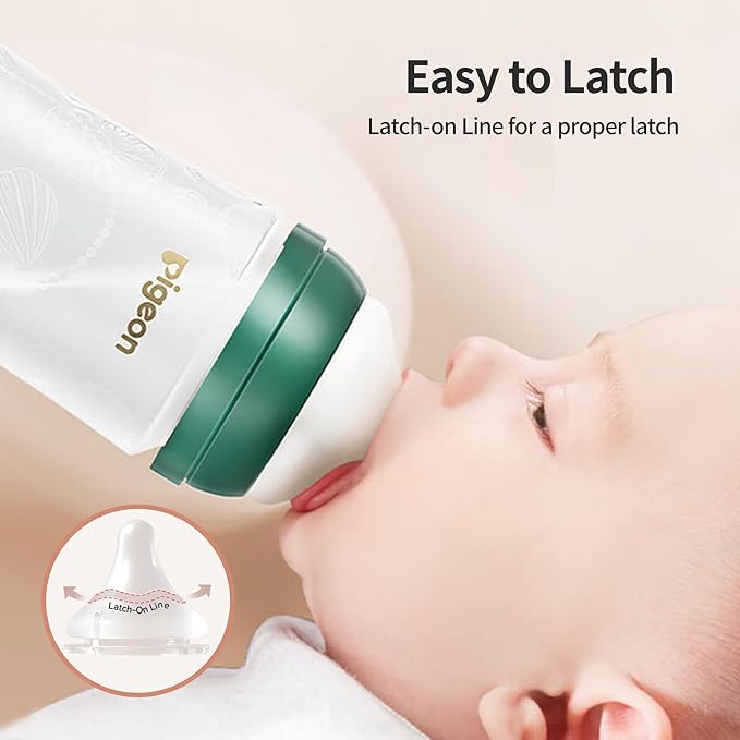 Pigeon Glass Baby Bottle Feeding Gift Set with Silicone Coating, Nurture & Nest, Anti-Colic Wide Neck & Latch-On Nipple, 2 Bottles (5.4/8.1 Oz) and 2 Extra Stage 2/4 Nipples