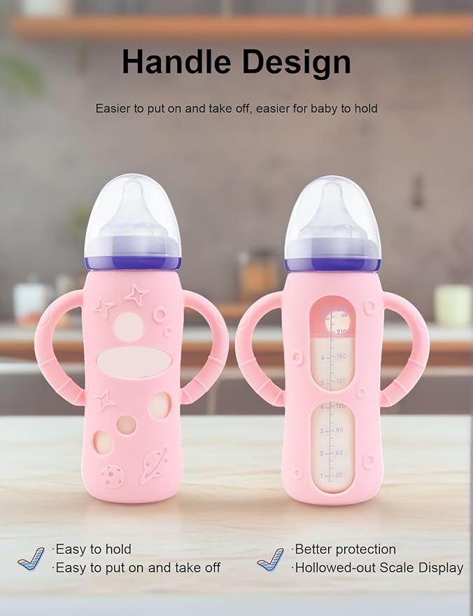 ZCH 4-Pack Silicone Sleeves with Handles for Lansinoh Glass Bottles, BPA-Free Drop-Resistant Baby Bottle Sleeves with Handles, Compatible with Lansinoh Anti-Colic Glass Baby Bottles (8 oz)