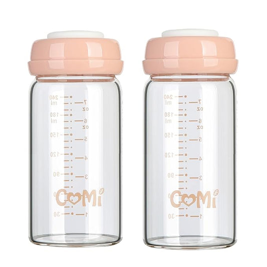 COMI Wide Neck Glass Breastmilk Collection n Storage Bottle, 8oz with Screw Ring Sealing Disk; Re-markable Sealing Disc. BPA Free, Fits Breast Pumps & Nipples (2 Pink Lids)