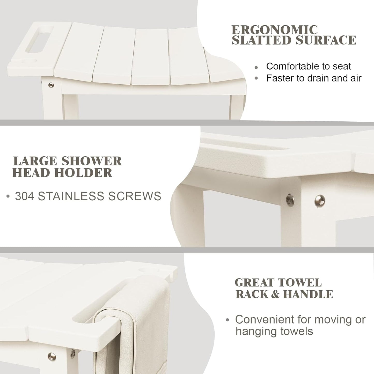 HDPE Shower Bench Stool for Inside Shower, Non-Slip Shower Stool for Shaving Legs with Storage Shelf, Waterproof Shower Chair Spa Bath Seat for Indoor & Outdoor Use (White)