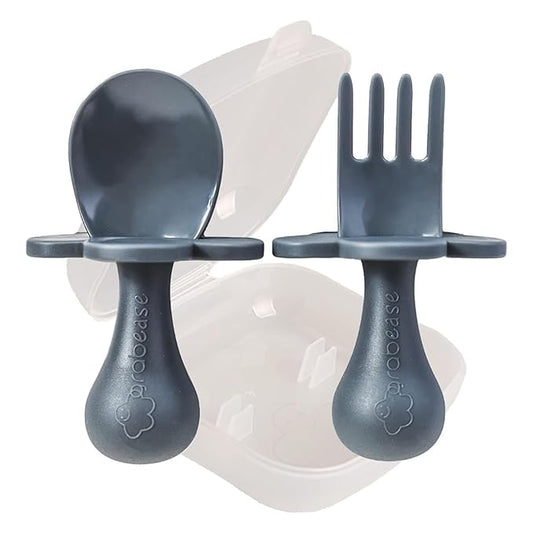 Grabease Baby Feeding Utensils Set - Ergonomic Grip for Self-Feeding - Anti-Choke Collar & Toddler Cutlery Safety - Dishwasher Safe & Travel-Ready Baby Feeding Set - Gray, Pack of 1