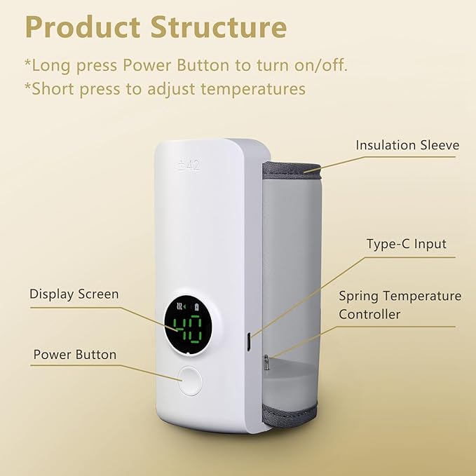 Portable Bottle Warmer for Travel, Instant Heating & Constant Warming, Portable Baby Bottle Warmer On The Go for Breastmilk, Large Capacity Battery-Powered & Rechargeable, Temperature Display