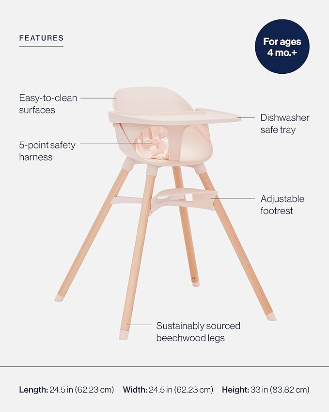 Lalo The High Chair Infant Kit - Convertible Wooden High Chair for Babies & Toddlers with Infant Support & Cushion, Grows with Your Child, Dishwasher Safe Tray, Adjustable Footrest Grapefruit