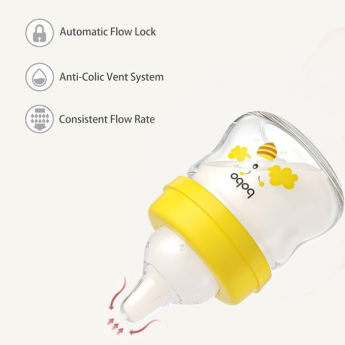 YOHKOH Glass Baby Bottles with Slow Flow Nipple, Newborn Anti-Colic Baby Bottles for 0+ Months, Wide Neck Feeding Bottle, Clear (Yellow, 2.7oz (Pack of 4))