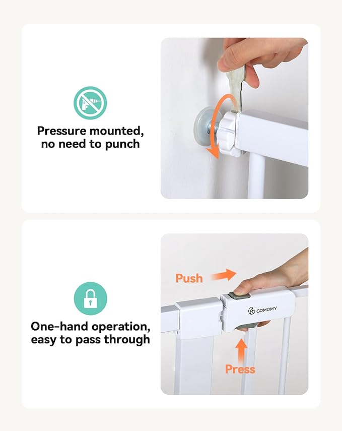 COMOMY 42" Extra Tall Baby Gate for Stairs Doorways, Fits Openings 29.5" to 40.6" Wide, Auto Close Sturdy Safety Dog Gate for House, Pressure Mounted Easy Walk Through Pet Gate with Door, White