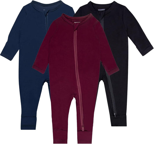 GUISBY Baby Pajamas with Mitten Cuffs - 3Pcs Girls Boys 2 Way Zipper Long Sleeve Rayon Sleepers