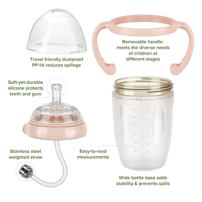 haakaa Weighted Straw Sippy Cup for 6+ Month Old, Silicone Weighted Straw Cup Milk Sippy Cup Baby Water Bottle with Straw Brush (Peach, 8oz./250ml)