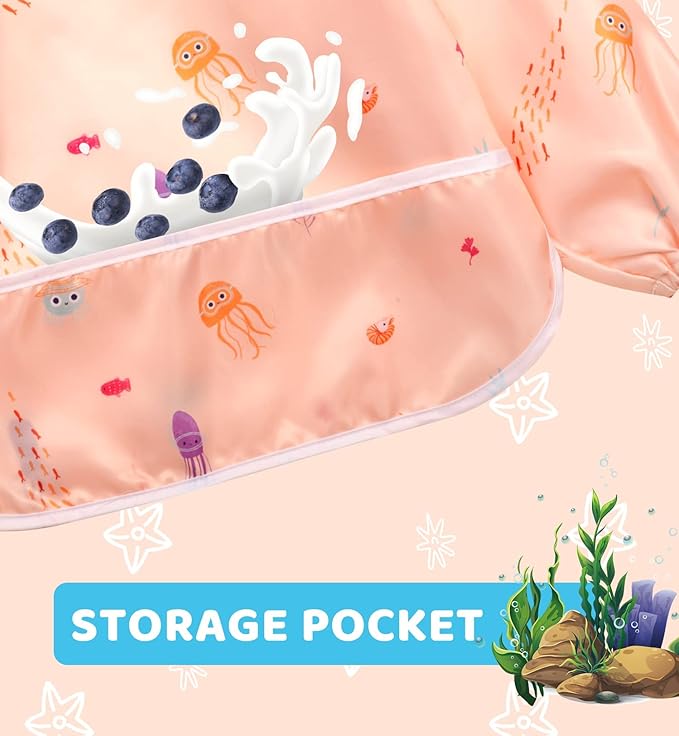 Little Dimsum Baby Bib with Pocket Waterproof Toddler Bibs Infant Feeding Bibs for Boys and Girls, Pack of 2 Colors