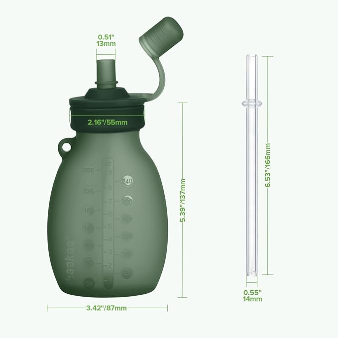 haakaa Silicone Hippo Pouch – Reusable Pouches for Toddlers, Reusable Baby Food Pouches with Wide Neck for Easy Fill & Clean, Perfect for Purees & Smoothies, 9oz, 4 Pack, (Pea Green)