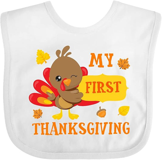inktastic My First Thanksgiving with Turkey and Leaves Baby Bib