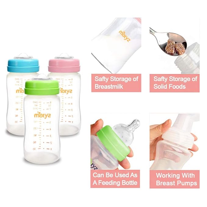 Matyz 4-PACK Breast Milk Collection And Storage Bottles (Pink, 8oz Each) - No BPA Breastmilk Storage Containers With Lids - Pumping Storage Bottles For Philips Avent Medela Spectra Breast Pumps
