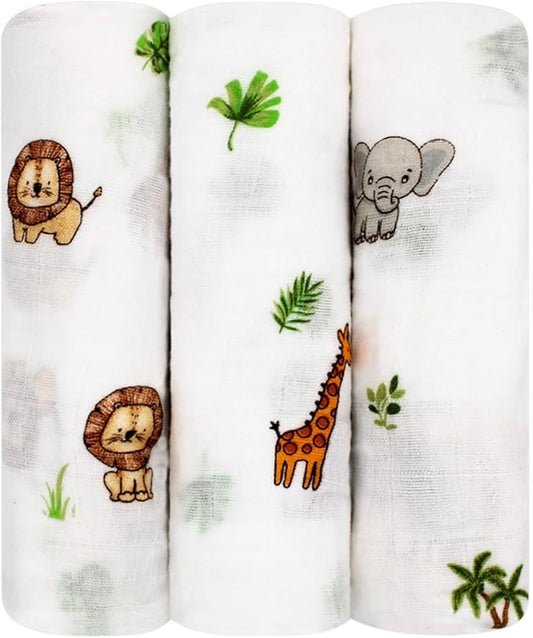 100% Muslin Cotton Baby Receiving Cloths, 3-Pack, 27x27 in (70x70cm), Soft & Gentle for Newborns, Sensitive Skin Safe, for Feeding, Burping & Comfort, 0+ Months (Safari)