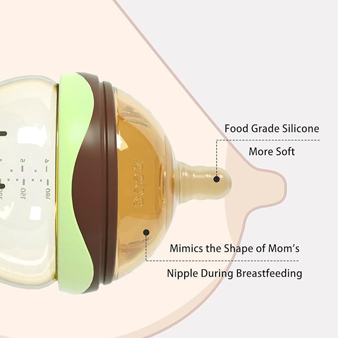 YOHKOH Baby Bottles - Newborn Wide Neck Baby Bottles with Slow Flow Breast-Like Nipple, PPSU Anti-Colic Bottles Breastfeeding System (Green, 6oz (Pack of 4))