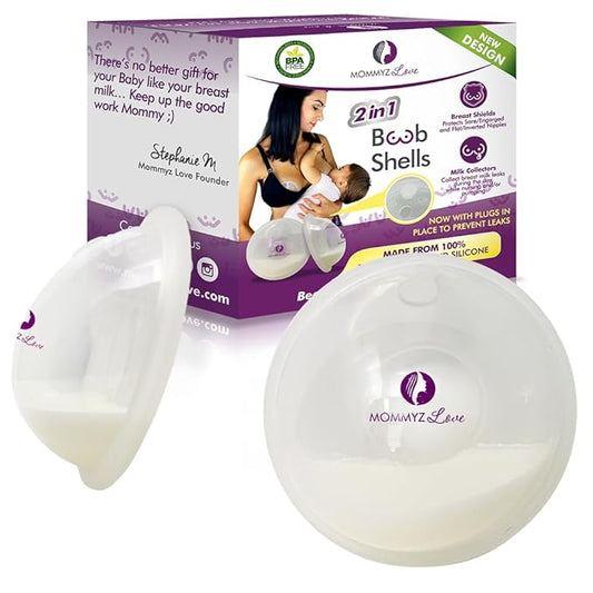 Mommyz Love Breast Shells & Milk Catcher for Breastfeeding New Model with Plugs - Breast Milk Catcher to Relieve Cracked Sore & Engorged Nipples - Breast Shells Milk Collector for Leaking Milk 2 Pack