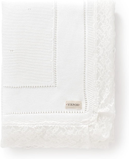 100% Organic Cotton Baby Blanket Knitted Softer Receiving Swaddle Warm Cozy Cuddle Crib Blanket for Newborns Infants Toddlers Boy and Girls White