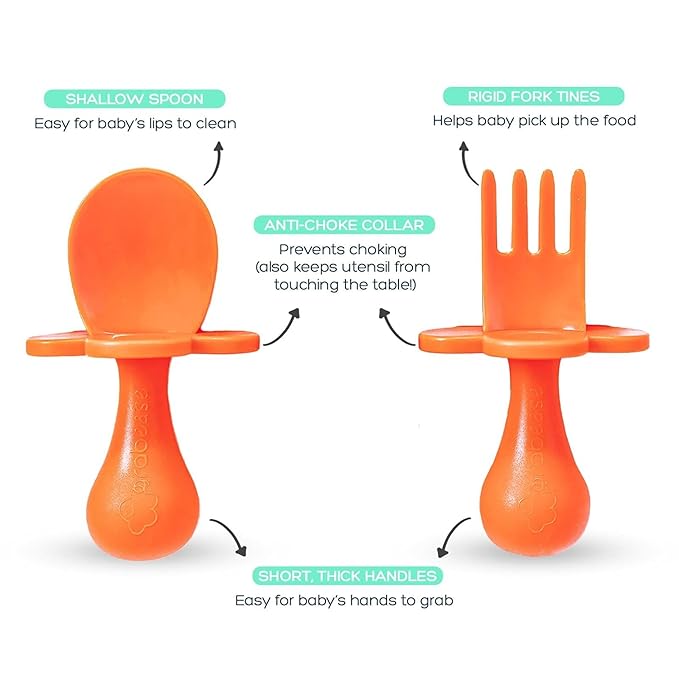Grabease Baby Feeding Utensils Set - Infant and Baby Fork and Spoon for Ages 1-11 Months, BPAs and Phthalate-Free Cutlery, Plastic, 1 Set, Orange