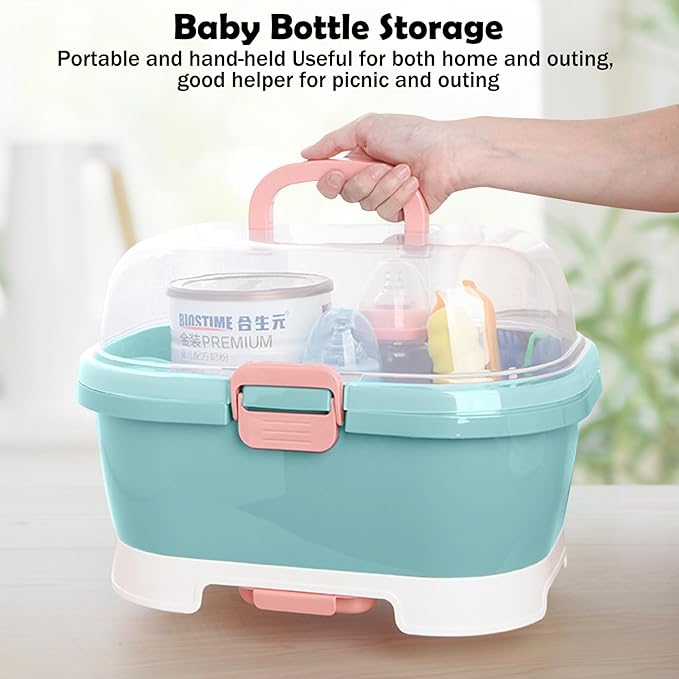 Baby Bottle Organizer for Storage, Baby Bottle Storage Large Capacity with Lid Cover Anti-Dust Protection and Cutlery Storage Drying Rack Portable Large Capacity Bottle Organizer(Green)