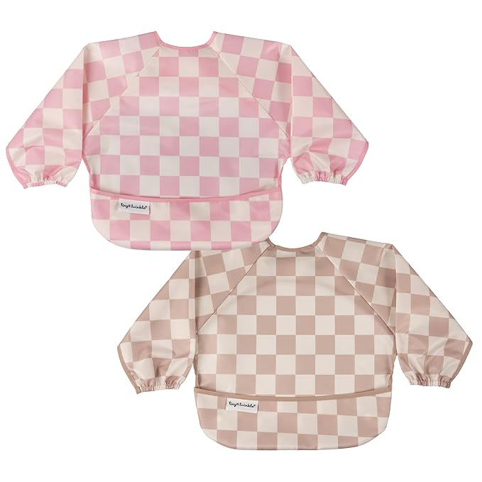 Tiny Twinkle Long Sleeve Bib for Babies & Toddlers – 2 Pack Waterproof Smock Bibs for Eating – Machine Washable & Mess-Proof, Baby Feeding Essential & Shower Must-Have (Pink,Beige Checkers, 6-24M)