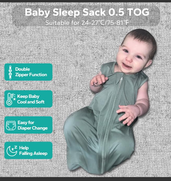 Rayon Made from Bamboo Sleep Sack, 0.5 TOG Wearable Blanket Baby, Lightweight Stretchy Sleep Sack 6-12 Months, Green
