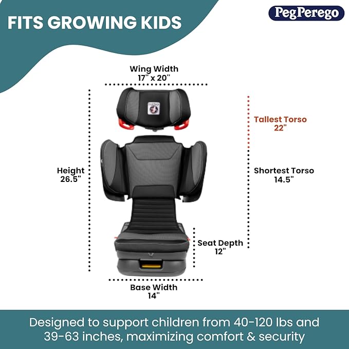 Peg Perego Viaggio Flex 120 Booster, 4D Total Adjust for Safety & Comfort, No Armrests, Compact Fold for Travel, 40-120 lbs, Made in Italy, Monza (Black & Red)