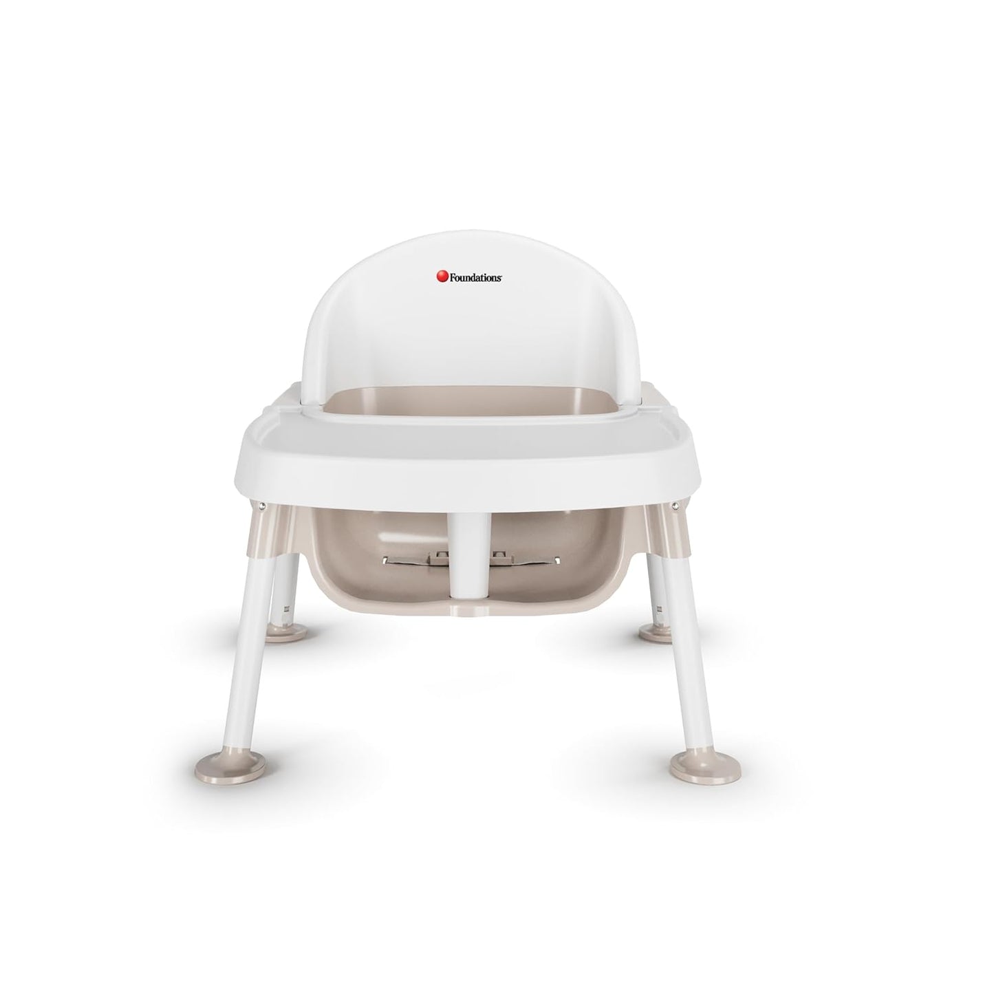 Foundations Secure Sitter 5" Feeding Chair, Stable “No Tip” Feet, 3-Point Adjustable Harness, Removable Tray, Easy to Clean, Smooth Plastic (White/Tan)