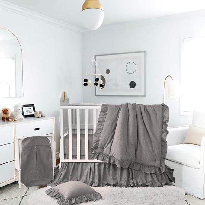 Brandream Crib Bedding Set for Baby Boys 100% Cotton Gender Neutral Boho Bohemian Farmhouse Chic Ruffle 6-Piece Nursery Bedding Set Grey