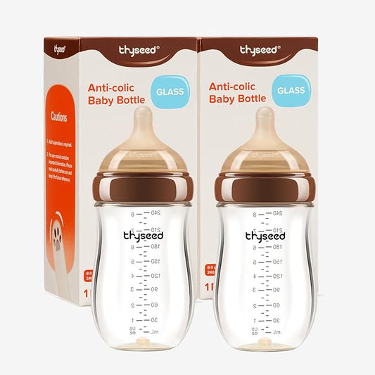 Thyseed Glass Natural Anti-Colic Baby Bottles | Newborn Breast Like Nursing Bottle for Breastfed Babies with Nipple(3-7 Months), 8oz,2 Pack